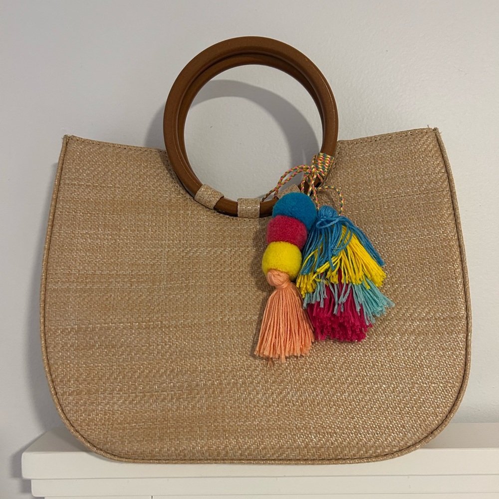 Chic Tan Handbag with Colorful Tassels